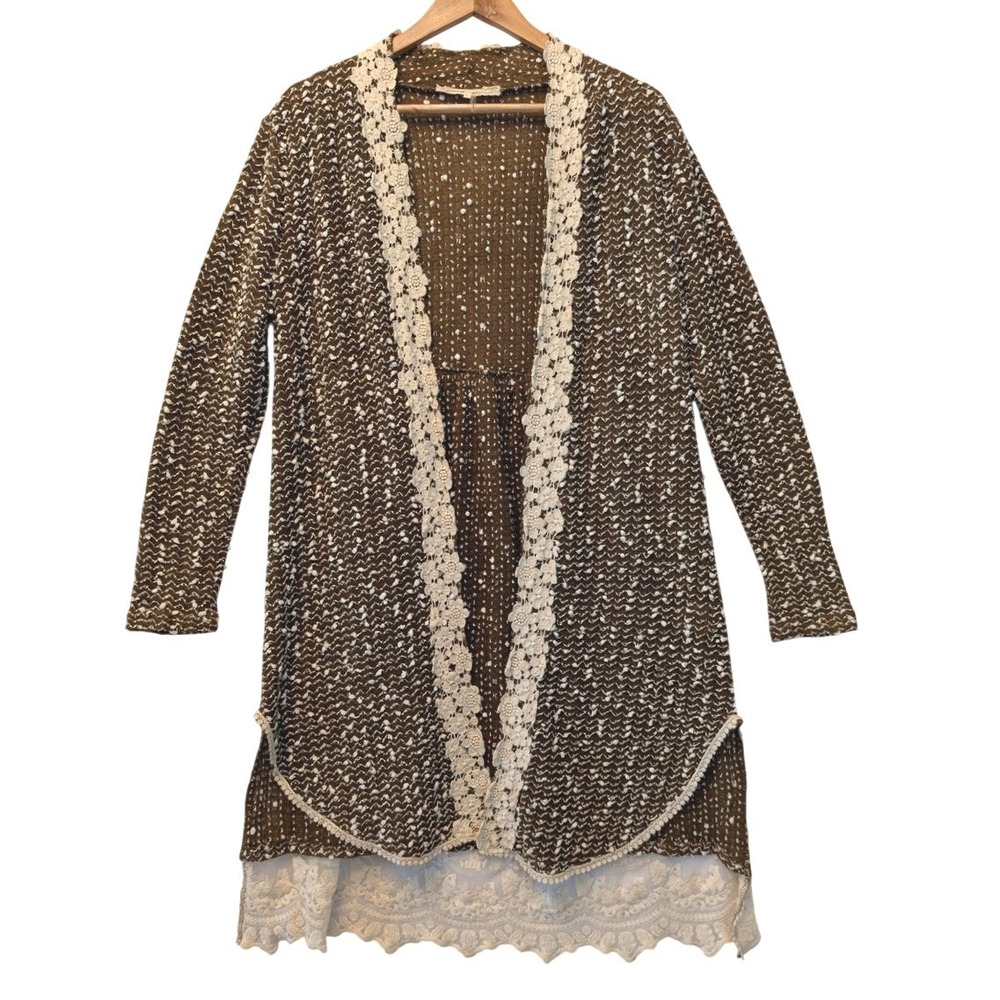 a'reve Brown Lace Mix Knit Longline Cardigan Open Front Crochet Trim AJ4459 L